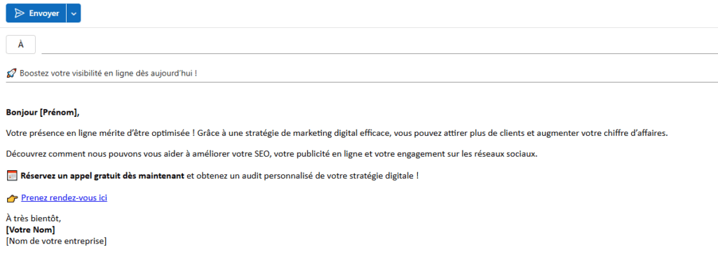 Exemple d’email bien structuré avec objet accrocheur et appel à l’action.