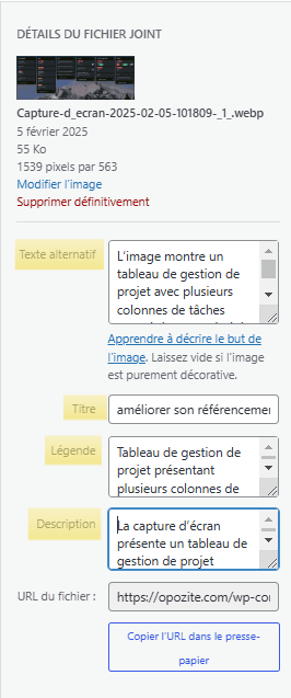 l'interface de gestion de médias affichant les détails d’un fichier joint, notamment son nom, sa taille, ses dimensions et des champs de métadonnées tels que le texte alternatif, le titre, la légende et la description. L’interface inclut également un lien URL associé à l’image et des options pour modifier ou supprimer le fichier.