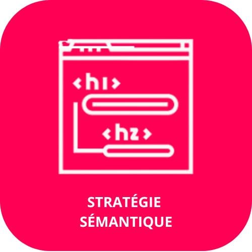 icone avec écrit "stratégie sémantique", contenant une page web avec un h1 et un h2