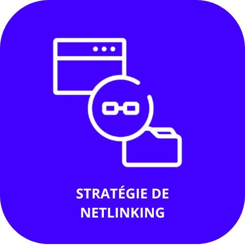 icone avec écrit "stratégie de netlinking", contenant un icone de lien, un dossier et une page web