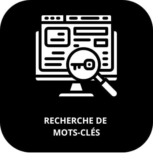 icone avec écrit "recherche de mots clés" contenant un pc avec un site web et une loupe visant une clé