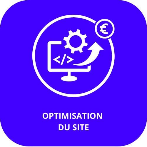 icone avec écrit "optimisation du site", contenant un pc avec des balises web, un rouage et d'autres éléments pour représenter ce qu'il y a d'écrit