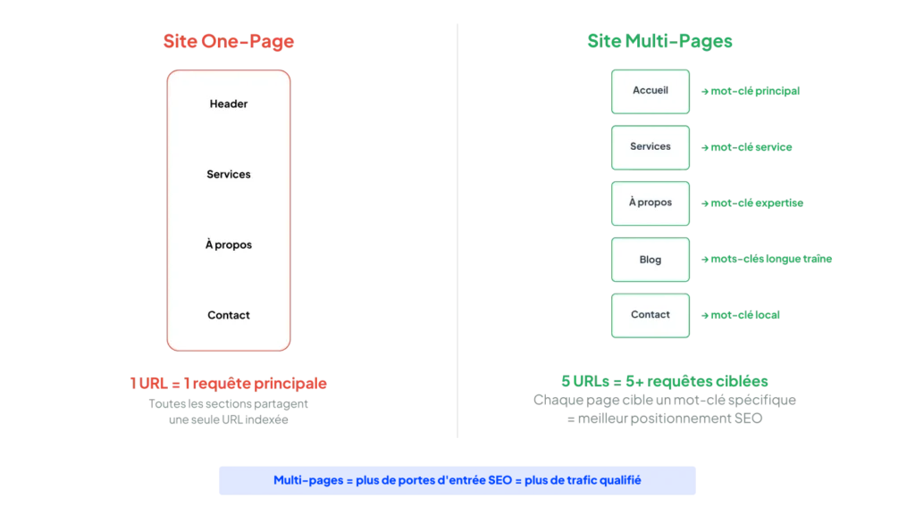 Pourquoi le design de votre site nuit à votre référencement ? 3 Design de votre site nuit a votre seo - Comparaison structure one-page et structure multi-pages pour le SEO