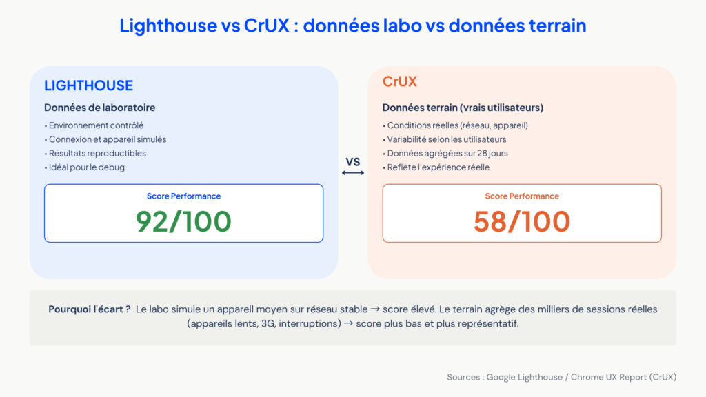 Différence entre données de laboratoire et données terrain Core Web Vitals - Agence web Opozite