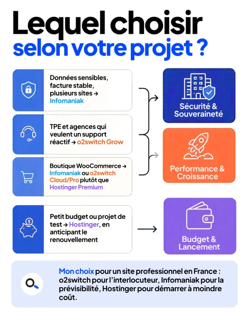 Quel hébergeur web choisir : Infomaniak, o2switch ou Hostinger ? 7 Quel hébergeur choir ? Comparatif tarifs 2026-2027