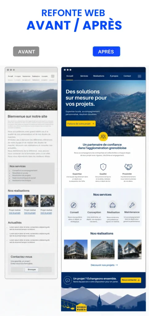 Refonte site internet : les 7 signes qui ne trompent pas 1 Refonte site internet Opozite - Comparaison avant et après une refonte site internet pour une entreprise de l'agglomération grenobloise